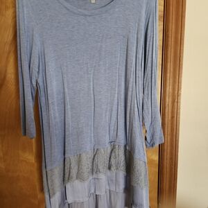 LOGO by Lori Goldstein Light Blue Lace Hem Long Sleeve Top